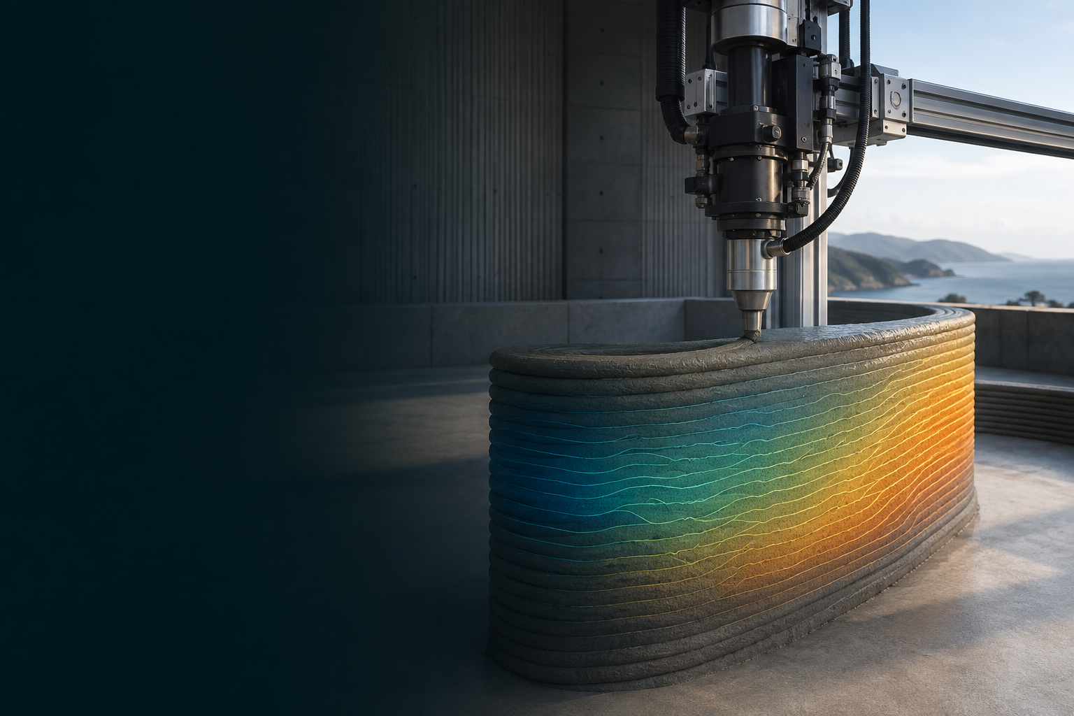 Robotic concrete extrusion with a thermal gradient showing heat flow through a 3D-printed wall