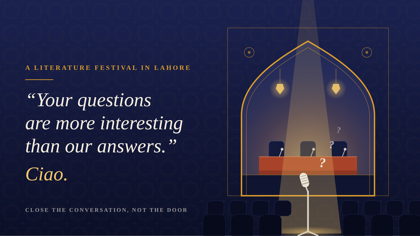 Illustration of a literature-festival stage and audience with the quotation ‘Your questions are more interesting than our answers.’